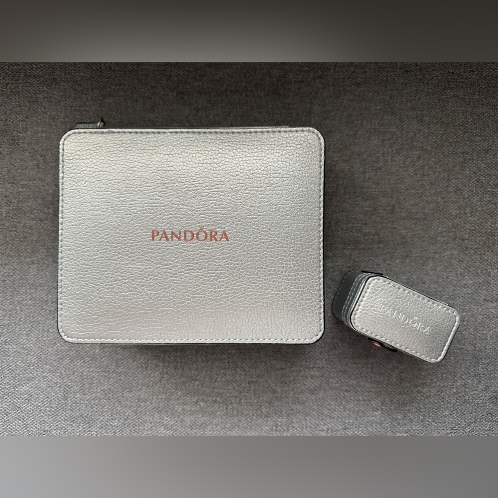 Pandora Silver Leather Zip Travel Jewelry Box with Matching Ring Box